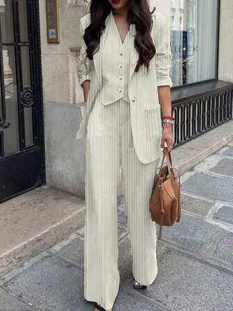 Conjunto de 3 piezas de chaqueta, pantalones y chaleco a rayas para mujer, de uso casual/trabajo, para primavera/verano