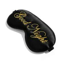 1pc Black "Good Night" Embroidery Logo Lightweight Polyester Eye Mask, Blackout Sleep Eyewear - Black - View 2