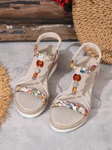 Sandales à plateforme pour femmes, avec perles et style bohème avec strass, sandales à semelle épaisse. Associées à des sandales romaines tressées, à talon compensé épais moyen, confortables, légères et décontractées, convenant pour l'été.