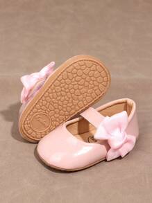 1 Pair Girls Bow PU Hook And Loop Infant Flats, Anti-Slip Prewalker Princess Shoes For Babies 0-1 Years, Christening Shoes Suitable For Spring/Autumn - Pink - View 7