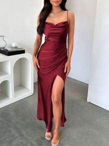 Look Polly 女士夏季连衣裙，纯色真丝吊带连衣裙，适合婚礼、秋季、露肩正式舞会、优雅性感露腿连衣裙、返校节、约会以及独特的红色长款婚纱。