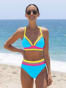 popvil Women's Beach Vacation Mesh Patchwork Tie-Back Contrast Color Bikini Set - Blue - View 1