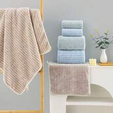 Set de 8 piezas compuesto por toallas de felpa de coral, incluye 4 toallas de mano, 2 toallas y 2 toallas de baño, un conjunto de toallas y toallas de baño suaves y absorbentes a rayas para baño, hotel, hogar, cocina, jacuzzi, piscina, spa, accesorios de baño.