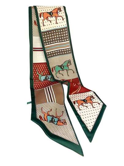 1pc Retro Horse-Drawn Carriage Printed Narrow Long Scarf, Women Fashion Accessory Decoration Bandana,Beach,Holiday