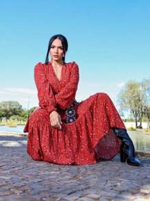 Elegant Printed Boho Chic Long Dress - Red - View 2