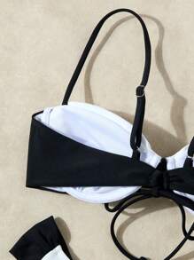 New Arrival European & American Style Solid Color Split Halter Bikini For Beach Vacation - Black and White - View 4