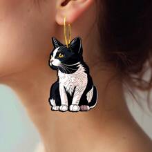 Monochrome Kitty Design Wooden Earrings - Black and White - View 2