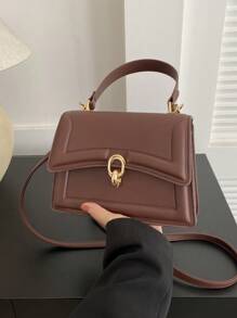 优雅纯色时尚手提包，复古女式翻盖钱包，PU 斜挎单肩包，带顶部提手