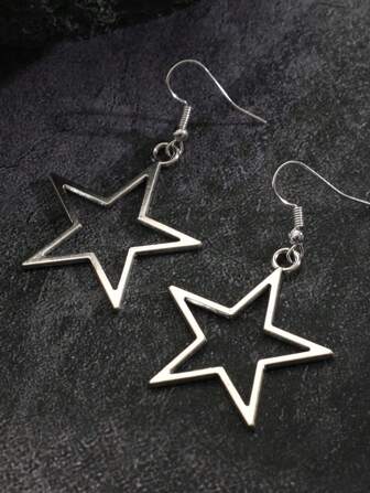 Fashionable Retro Silver Hollow Star Pendant Earrings, Unisex Large Star Earrings