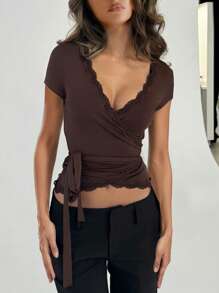 Women's Long Bandage Hem Tops Summer Deep V Neck Short Sleeve Lace Trim Slim Tees - Brown - View 1