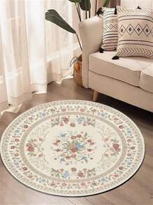 1pc Vintage Floral Round Rug, Bohemian Style Decorative Rug, Durable & Lightweight Polyester Fiber Carpet For Living Room Sofa Bedroom Home Decor, Holiday Decorative Rug