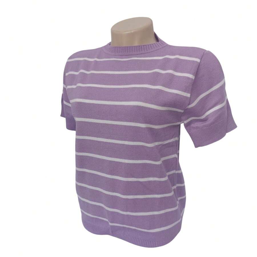 Striped Modal Blouse Short Sleeve Old Money Style Women's Fashion Spring Summer - 淡紫色與白色 - 查看 1