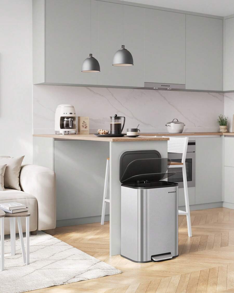 SONGMICS Kitchen Trash Can, 13-Gallon (50 L) Garbage Can With Lid, Stainless Steel, Soft Close And Stays Open, Inner Bucket, Wide Non-Slip Pedal - Silver - View 1