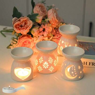 1/2PCS, Exquisite Mini Aromatherapy Furnace, White Hollow Ceramic Stove, "2.7inchX3.4inch", Flower Love Moon Star Incense Burner Candlestick, Heating Candlestick, Essential Oil Stove Aromatherapy, Aromatherapy, Suitable For Family, Valentine's Day, Party, Halloween Party, Weird, Autumn, Holiday, Holiday, Winter, Vacation, Holiday, Holiday, Room Decoration, Gift