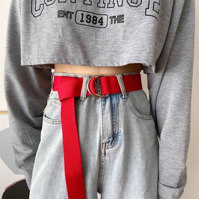 1 件女士纯色帆布腰带，带双环扣，百搭牛仔裤，夏季免钻腰带配饰，秋季、秋季、万圣节