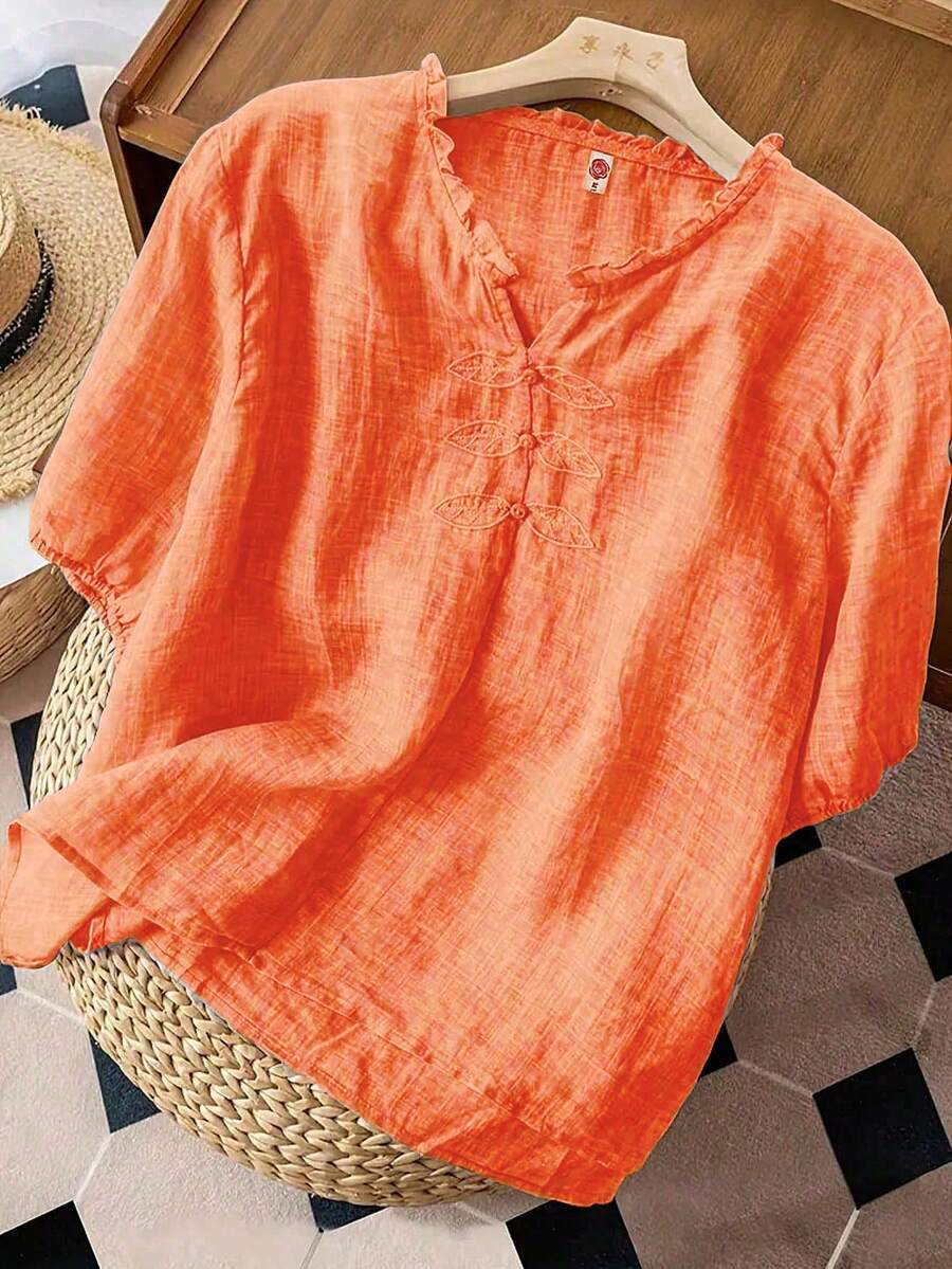 Camisa casual de manga corta de mujer con cuello en V y unicolor - Naranja - Ver 1
