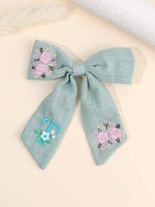 1pc Light Blue Linen Bow Hair Clip, Floral Letter Embroidered Hair Pin, Adjustable Bohemian Style Hair Accessory, Suitable For Spring Birthday And Daily Wear, Exquisite Embossed Plant Letter Pattern Hair Clip - Multicolor - View 17