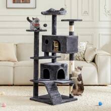 54-Inch Indoor Cat Tree Tower –Multi-Level Pet House For Large Cats With 2 Condos, Scratching Posts, Round Platform, Small Ladder, And Toys – Perfect For Cats Of All Ages, Dark Grey - Màu xám đen - Xem 3