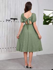 GoyRrbay Women's Short Puff Sleeve Maternity Dress Summer Sweetheart Collar Backless Dress - 軍綠色 - 查看 2