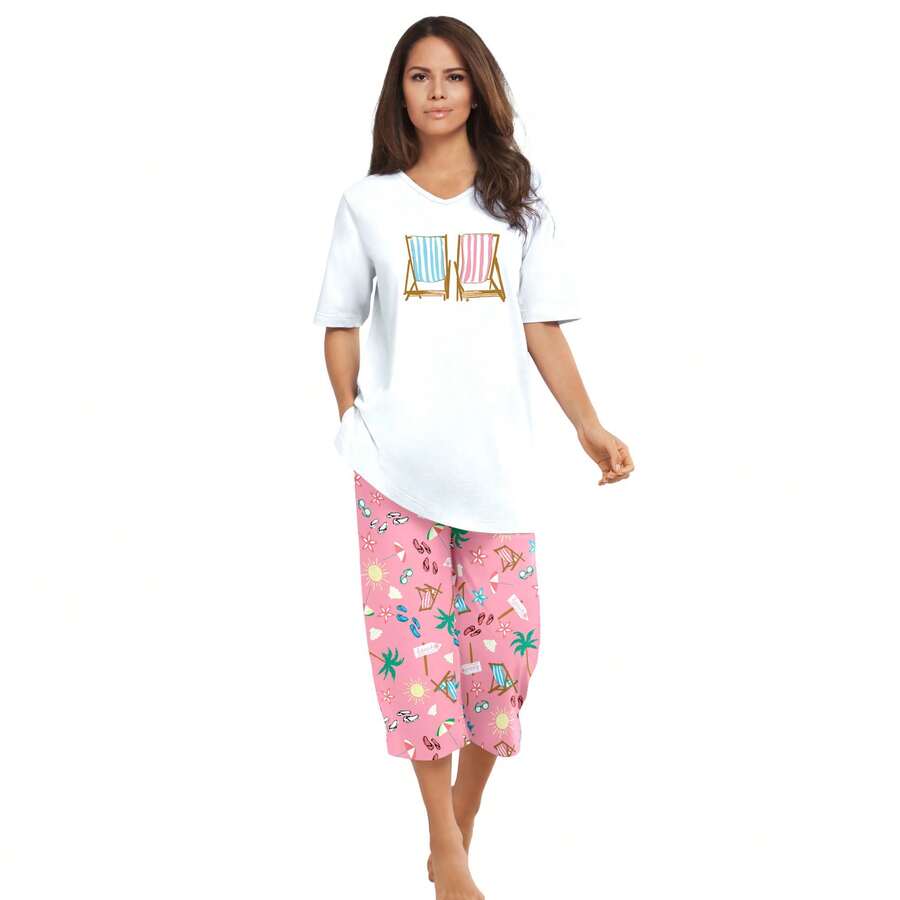 Dreams & Co. Women's Plus Size 2-Piece Capri PJ Set - 火烈鳥粉紅海灘 - 查看 1