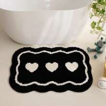 Flocked Minimalist Black & White Bathroom Floor Mat, Heart Shaped Bathroom Rug, Quick Dry Super Soft Fiber Non-Slip Washable Bath Mat, 1pc In Medium And Large Sizes For Bathroom, Kitchen And Shower Home Bathroom Decor Floor Carpet Outdoor Rug Door Mat Fall Decor Bathroom Accessories Back To School