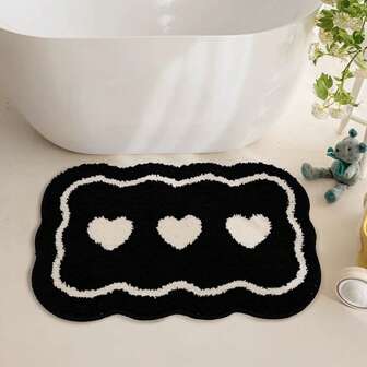 Flocked Minimalist Black & White Bathroom Floor Mat, Heart Shaped Bathroom Rug, Quick Dry Super Soft Fiber Non-Slip Washable Bath Mat, 1pc In Medium And Large Sizes For Bathroom, Kitchen And Shower Home Bathroom Decor Floor Carpet Outdoor Rug Door Mat Fall Decor Bathroom Accessories Back To School Entryway Decor
