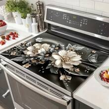 1PC Durable Polyester Gas Cooktop Protector With Black Flower And Butterfly Design - Heat-Resistant And Scratch-Resistant, Easy To Clean - Perfect For Any Stove Top Protector, Drain Pad, Coffee Machine Pad