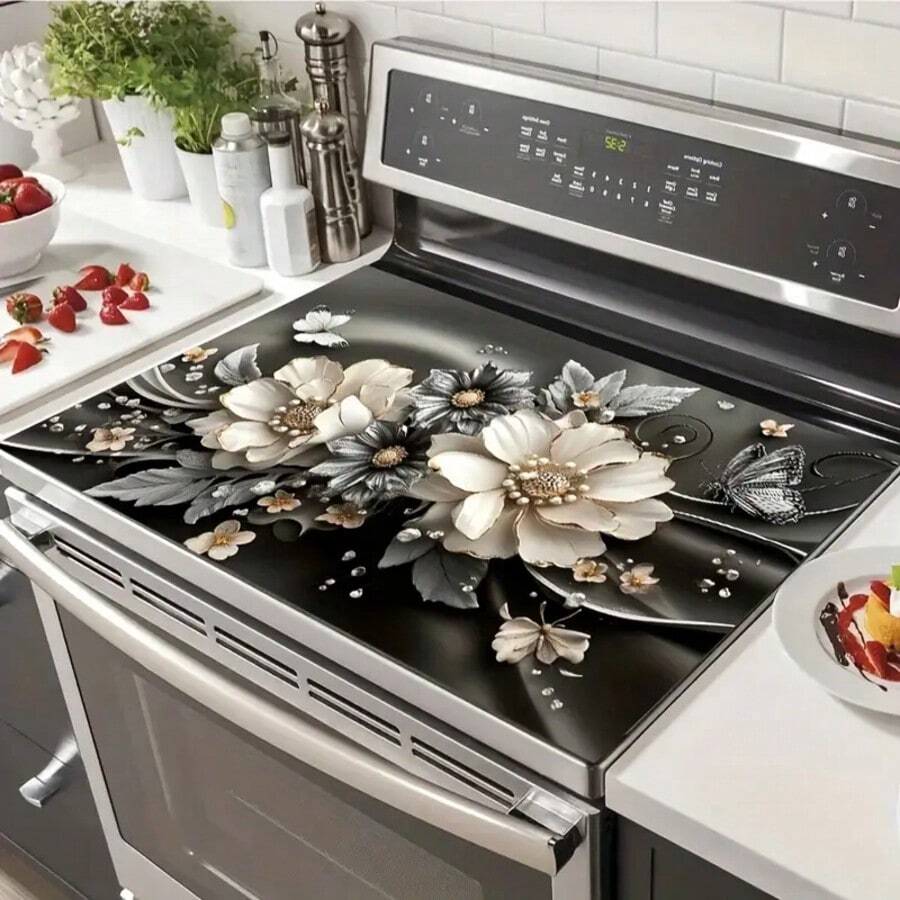 1PC Durable Polyester Gas Cooktop Protector With Black Flower And Butterfly Design - Heat-Resistant And Scratch-Resistant, Easy To Clean - Perfect For Any Stove Top Protector, Drain Pad, Coffee Machine Pad