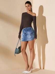 Women's Minimalist Asymmetric Shoulder Long Sleeve Slim Fit T-Shirt Top, Daily Wear, Fall/Winter - 咖啡棕 - 查看 6