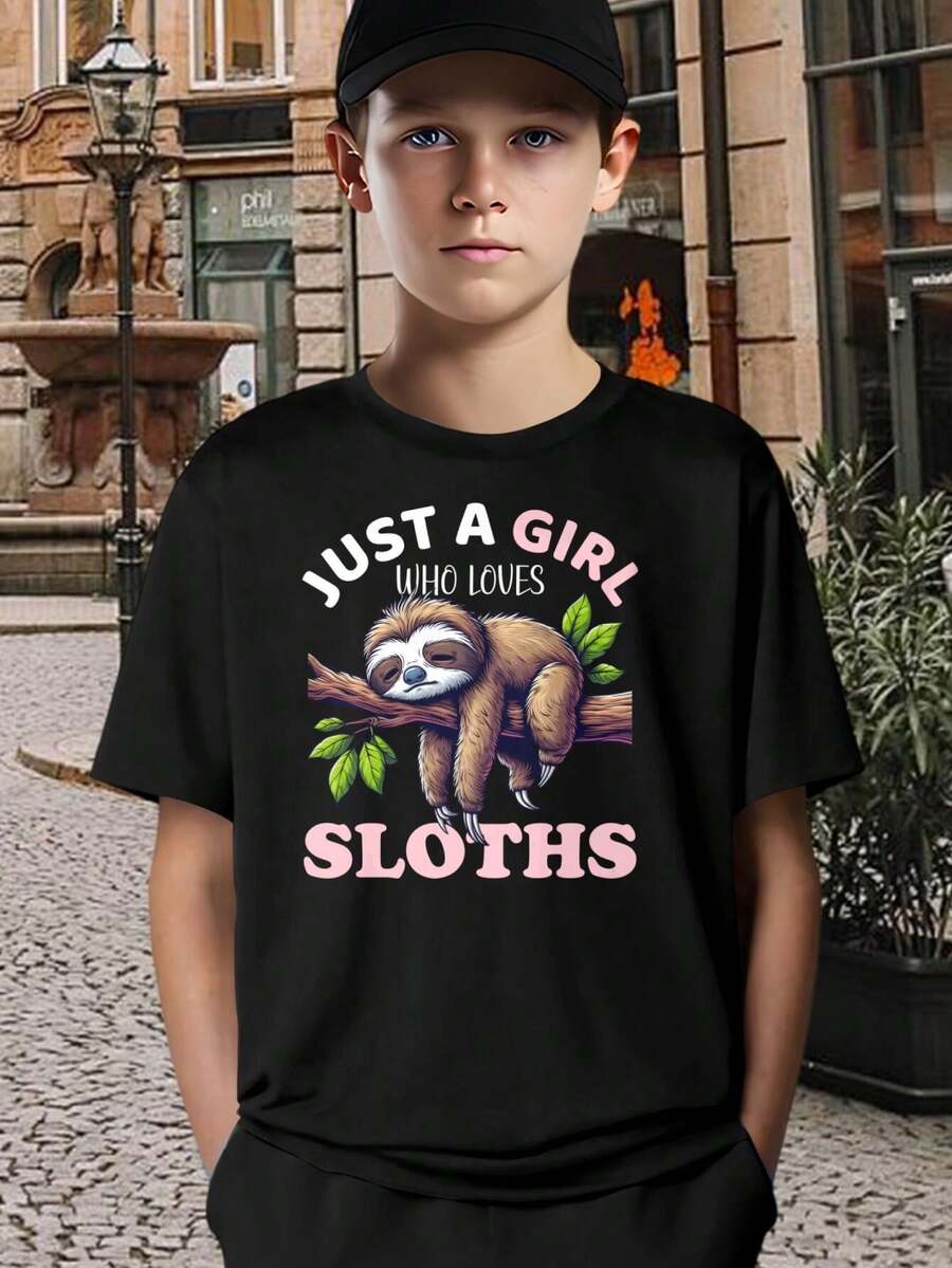 Cute Sloth T-Shirt For Kids Teens - Funny Sloth Graphic Tee - Sloth Lover Gift - Black Cotton Short Sleeve Shirt - Boys Girls Sloth Design - 黑色 - 查看 1
