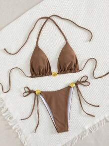 2025 Nouveau bikini sexy haute gamme à la mode de couleur unie pour femmes, maillot de bain deux pièces pour plage, piscine, croisière et fête - Gris - Voir 5
