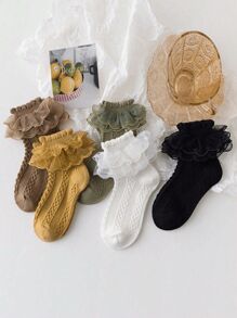 6 Pares de Meias Curtas Respiráveis de Cor Sólida com Renda de Duas Camadas para Meninas Bebês, Adequadas para o Dia a Dia ou Combinando com Vestidos