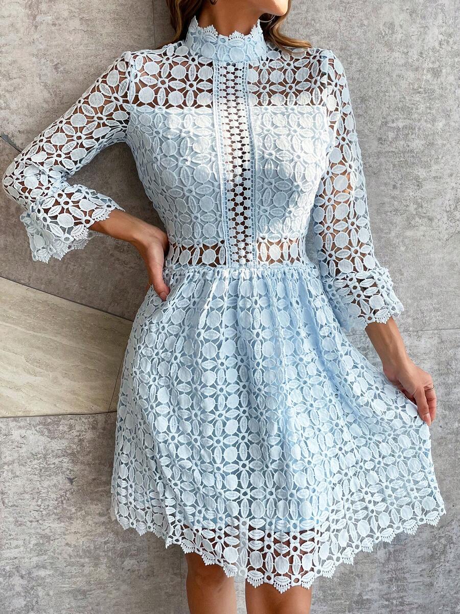 Eilly Bazar Đầm ren khoét lỗ cổ đứng thanh lịch màu trơn cho nữ tay loe - Màu xanh nhạt - Xem 1
