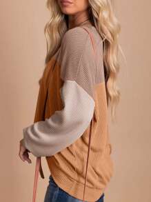 Contrast Color Drop Shoulder Long Sleeve Knit Crew Neck Top - Khaki - View 4