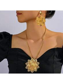3 pièces/Ensemble Bijoux de luxe de Dubaï pour femmes, gros pendentif, collier, boucles d'oreilles, accessoires de mariage, de soirée, de couleur or jaune, style africain
