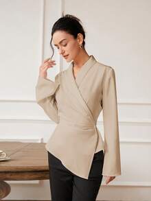 女士纯色 V 领长袖衬衫，腰部褶皱，优雅迷人淑女上衣，夏季 - 卡其色 - 查看 6