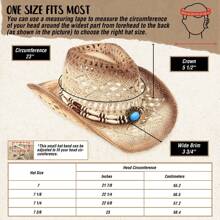 1 Hat And 4 Decorations Unisex Bead Decor Cowgirl Hat Hollow Out Summer Travel Shade Fedora Cowboy Hat Dyeing Wide Brim Printed Breathable With Beaded Trim Band Hand Woven Beach Hat Sun Hat Straw Hat - 米色 - 查看 2