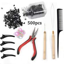 Hair Extensions Kit 500 Pcs Black Micro Ring Beads 1 Hair Extension Plier 2 Hook Needle Pulling Loop 4 Plastic Alligator Hair Clips 1 Comb And 1 Bags Mini Rubber Hair Elastic