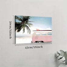 1pc Framed Canvas Poster, Pink Car With Surfboard And Palm Ocean Painting Wall Art Canvas Paintings, Ideal Gift For Bedroom Living Room Corridor Wall Art Room Decoration