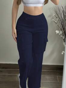 Plus Size Women's Casual Fashion Versatile Cargo Pants Spring - Navy Blue - View 5
