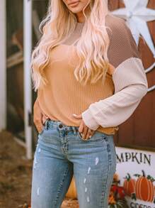 Contrast Color Drop Shoulder Long Sleeve Knit Crew Neck Top - Khaki - View 8