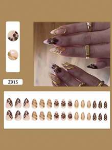 30 件装按压式指甲套装 3D 美甲镀铬金边框装饰可佩戴指甲珍珠花朵装饰甜美可爱可拆卸假指甲