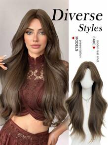 30 英寸长女士波浪假发，亚麻棕色华丽蓬松卷发假发，带窗帘刘海，合成全机发假发，适合派对摄影、日常学校使用 - 亞麻棕 - 查看 2