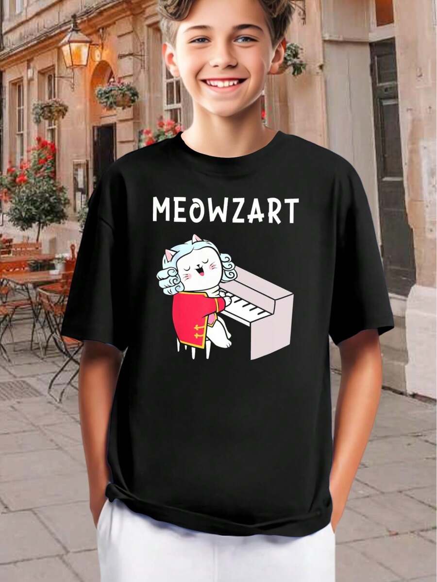 Kids Meowzart Cat Piano T-Shirt - Funny Mozart Parody Tee For Music Cat Lovers - Cute Comfy Boys Girls Short Sleeve Shirt - Unique Gift For Teens - 黑色 - 查看 1