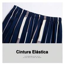 Pijama Tipo Seda Conjunto,Pantalones de Manga Larga Con Bolsillo,Azul Marino con Rayas Blancas,Negro,Se Pueden Usar Tres Tallas Hasta 90 kg. - Azul Marino - Ver 5