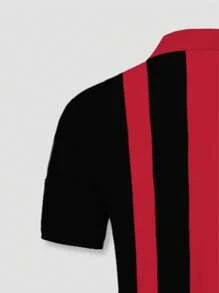 2pcs Men's Button Polo Shirt Outfit - Striped Collar Top + Casual Shorts, Sports Suit For Outdoor Summer - Red - View 5