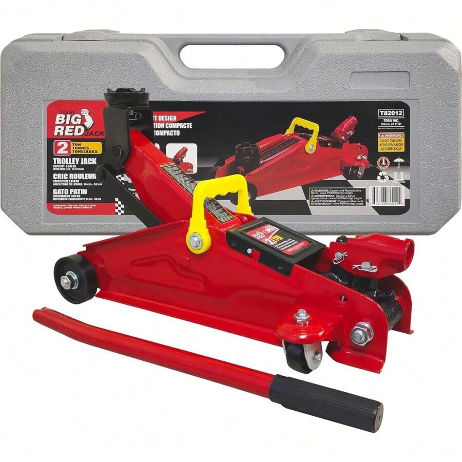Floor Jack With Blow Mold Carrying Storage Box, Capacity 2 Tons (4,000 Lb), Red