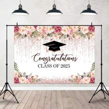 1pc Rose Gold Floral Watercolor Dot 2025 Graduation Photo Backdrop, Celebration Photography Studio Prop For 2025 Graduation Party Decor - Color - View 11