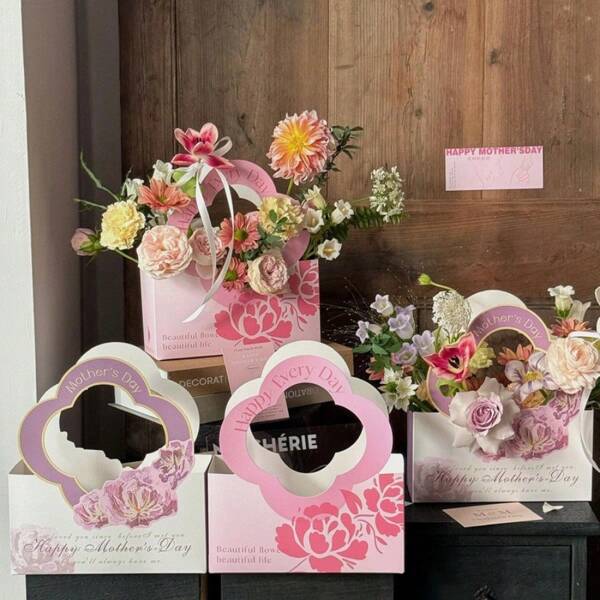 5 件手持花盒 - 鲜花包装纸盒、鲜花手提袋、花艺插花盒 - 适用于母亲节、婚礼和派对 - 适合花店、小型企业和活动策划者 - 送给花卉爱好者的完美礼物