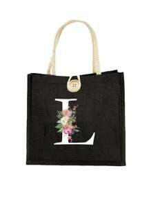 Letter Pattern Handbag Floral Print Linen Handbag Button Decorated Handbag Minimalist Large Capacity Handbag Portable Casual Storage Handbag - Black - View 21